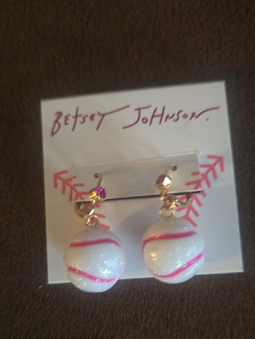 Betsey Johnson Pink Baseball Earrings - Picture 2 of 4